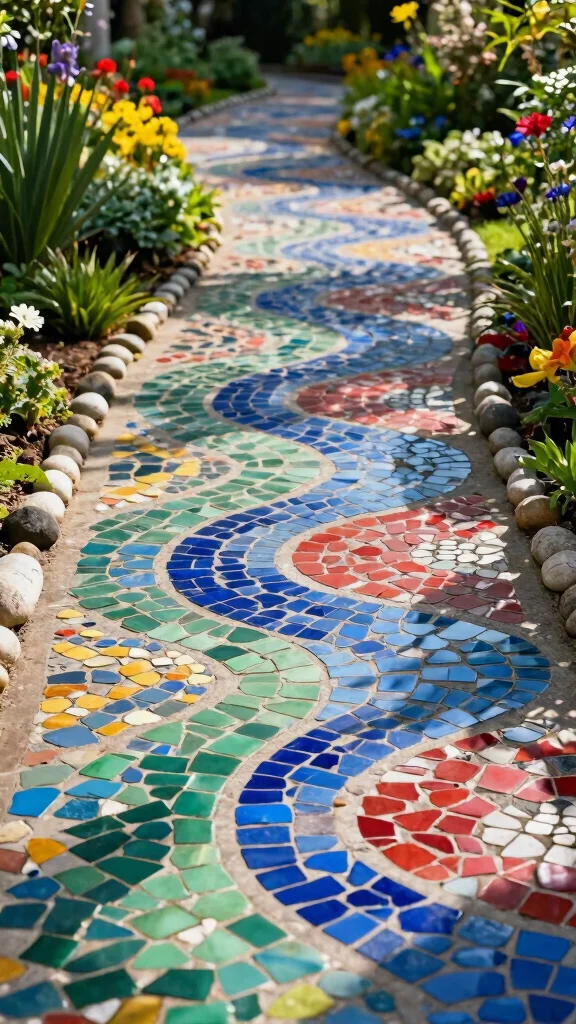 20 Colorful Garden Mosaics That Will Make Your Neighbors Envy Your Creativity! - 1. Mosaic Pathway Magic 1