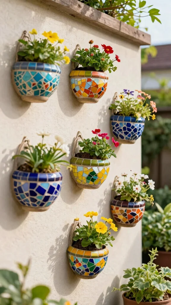 20 Colorful Garden Mosaics That Will Make Your Neighbors Envy Your Creativity! - 10. Delightful Mosaic Wall Planters 1