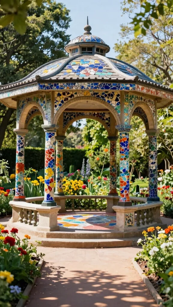 20 Colorful Garden Mosaics That Will Make Your Neighbors Envy Your Creativity! - 11. Gorgeous Mosaic Gazebo 1