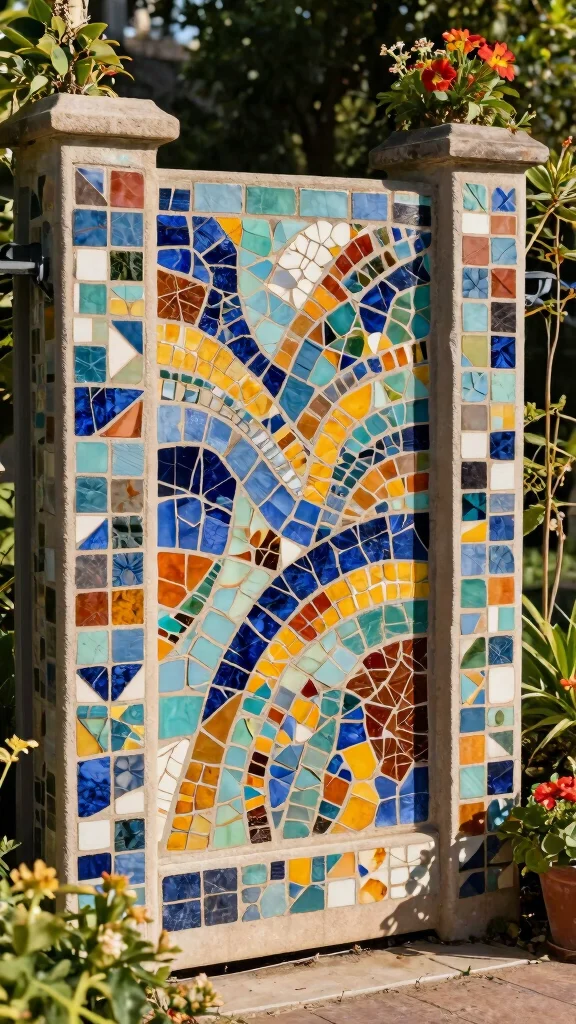 20 Colorful Garden Mosaics That Will Make Your Neighbors Envy Your Creativity! - 14. Unique Mosaic Fence Panels 1
