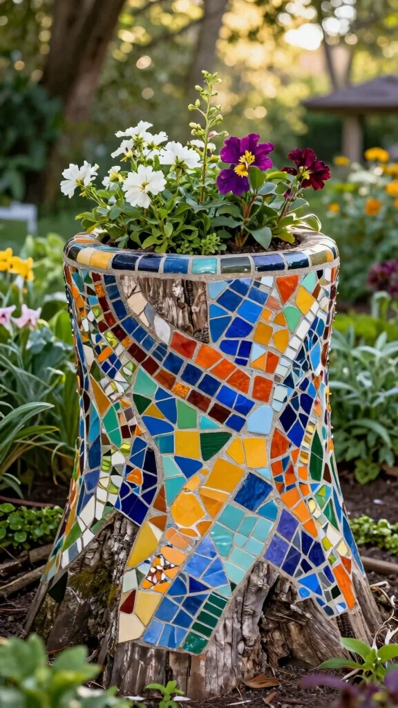 20 Colorful Garden Mosaics That Will Make Your Neighbors Envy Your Creativity! - 15. Artistic Mosaic Tree Stump Planters 1