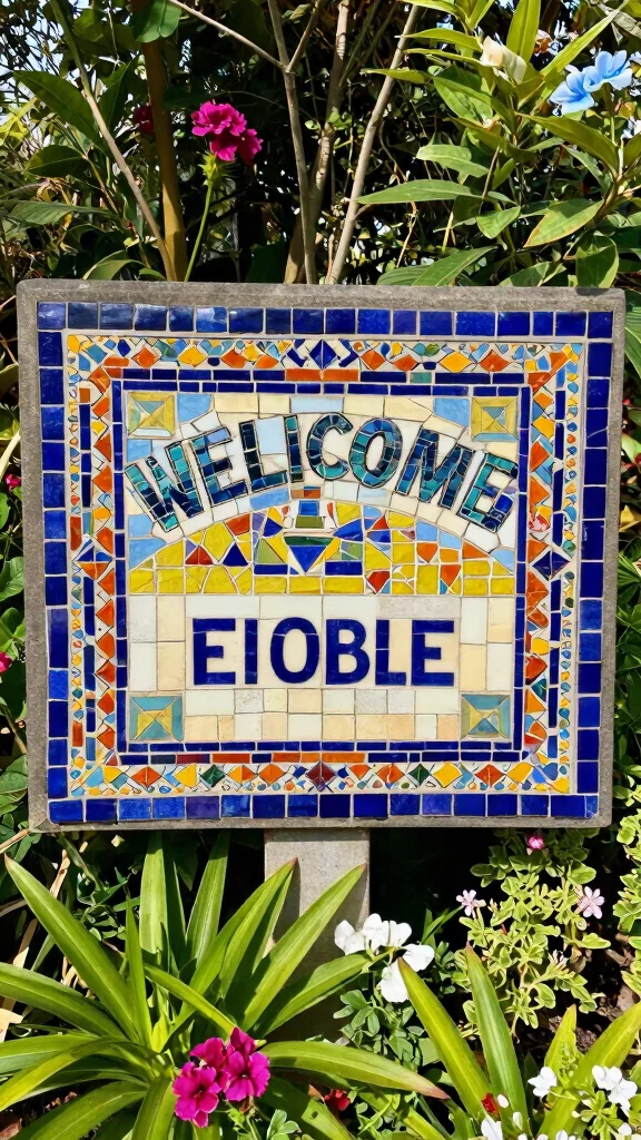 20 Colorful Garden Mosaics That Will Make Your Neighbors Envy Your Creativity! - 16. Bold Mosaic Garden Signs 1