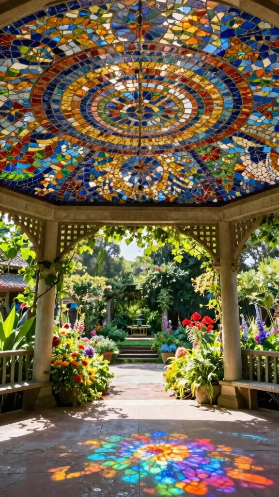 20 Colorful Garden Mosaics That Will Make Your Neighbors Envy Your Creativity! - 19. Intricate Mosaic Ceiling Decor 1