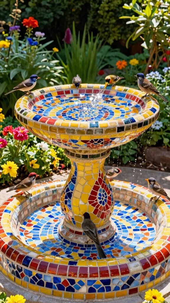 20 Colorful Garden Mosaics That Will Make Your Neighbors Envy Your Creativity! - 2. Enchanting Mosaic Birdbath 1