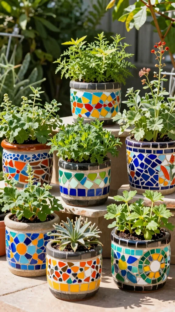 20 Colorful Garden Mosaics That Will Make Your Neighbors Envy Your Creativity! - 20. Creative Mosaic Containers for Herbs 1