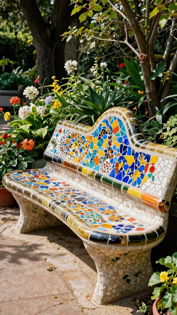 20 Colorful Garden Mosaics That Will Make Your Neighbors Envy Your Creativity! - 4. Whimsical Mosaic Garden Bench 1