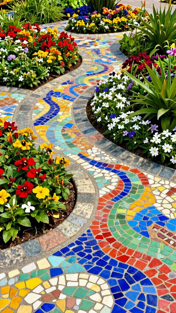 20 Colorful Garden Mosaics That Will Make Your Neighbors Envy Your Creativity! - 7. Lively Mosaic Garden Edging 1