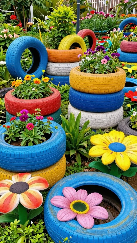 20 Decorative DIY Garden Sculptures That Will Wow Your Neighbors! - 14. Upcycled Tire Creations 1