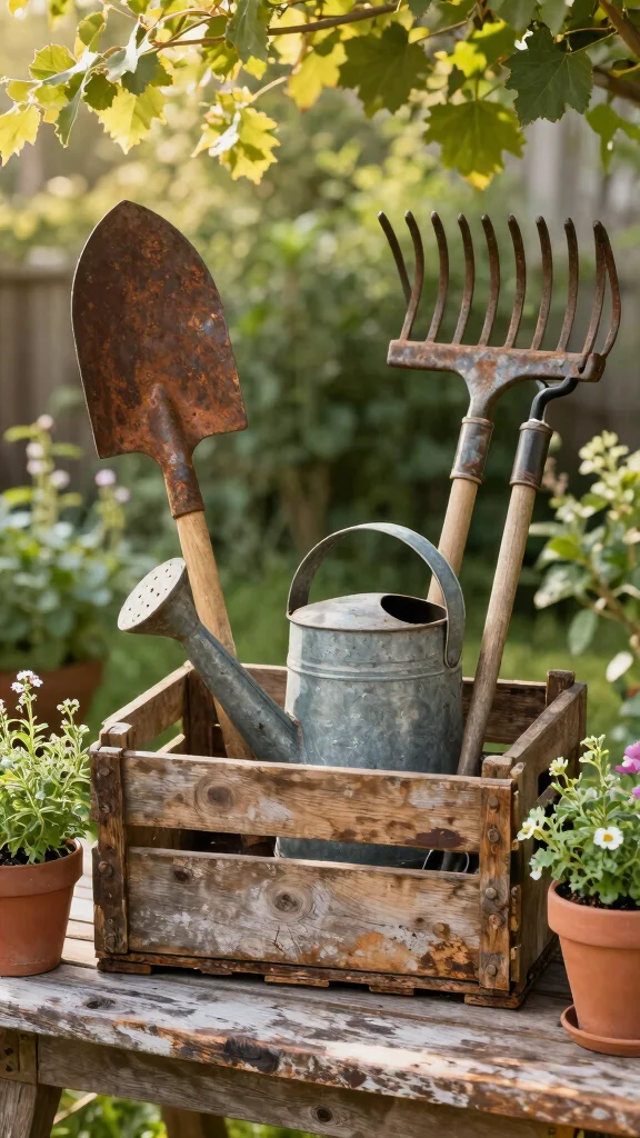 20 Rustic Garden Decor Ideas That'll Make Your Outdoor Space Shine (#5 Is a Must-See!) - 2. Vintage Garden Tools Display 1