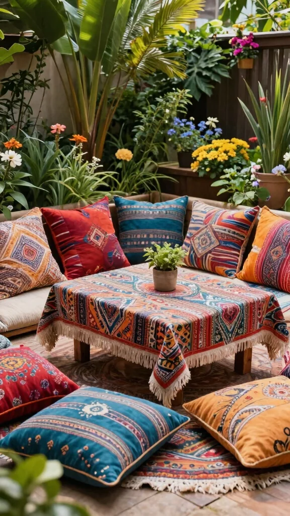 21 Eco-Friendly Bohemian Garden Decor Ideas for the Conscious Homeowner! - 5. Vibrant Textile Accents 1