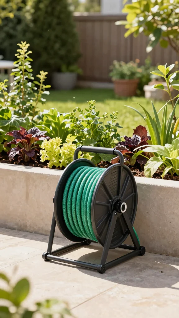 22 Space-Saving Elevated Garden Beds That Maximize Your Gardening Potential! - 15. Hose Reel Garden Bed 1