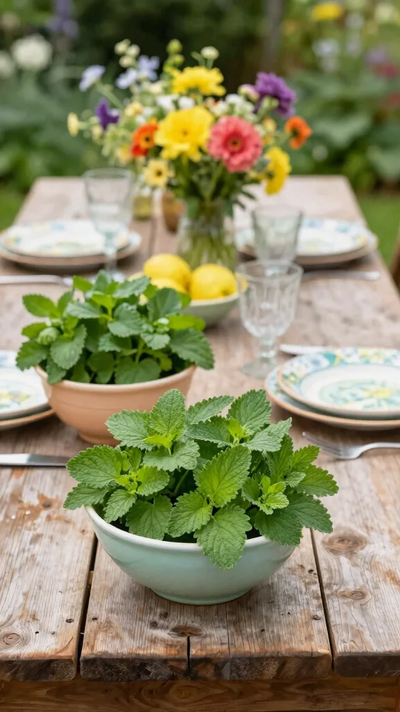 23 Decorative Planters for Bug-Repelling Herbs to Enhance Your Outdoor Space! - 12. Edible Beauty: Lemon Balm in Bowls 1