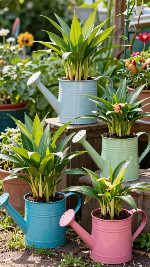 23 Decorative Planters for Bug-Repelling Herbs to Enhance Your Outdoor Space! - 13. Whimsical Watering Cans: Ginger Plants 1
