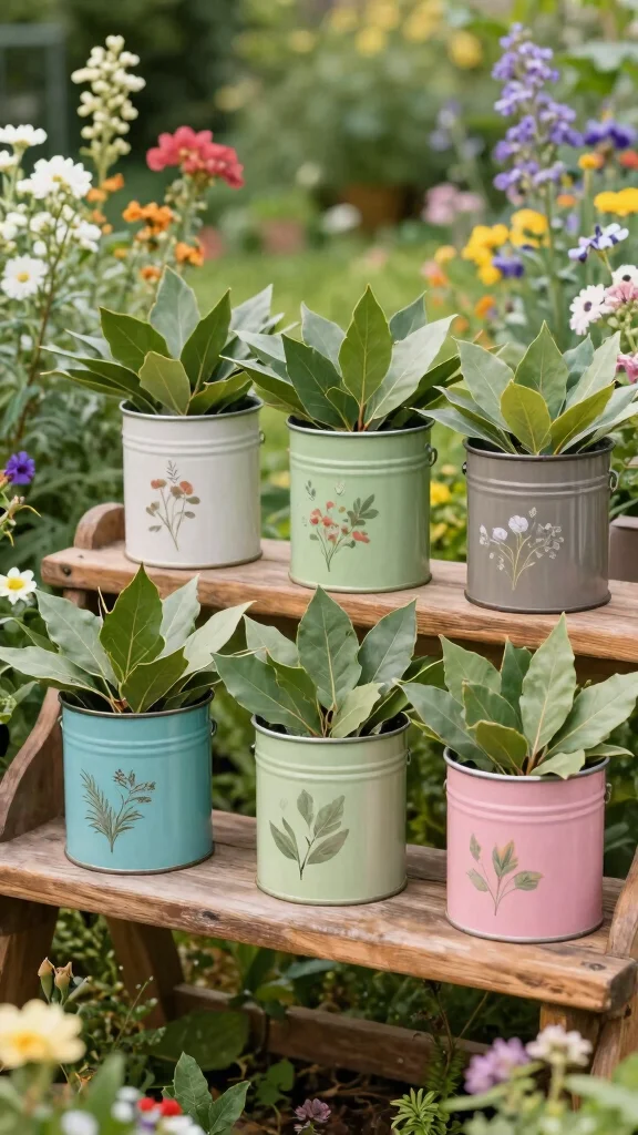 23 Decorative Planters for Bug-Repelling Herbs to Enhance Your Outdoor Space! - 16. Vintage Tins: Bay Leaf Beauty 1