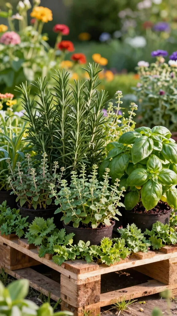 23 Decorative Planters for Bug-Repelling Herbs to Enhance Your Outdoor Space! - 20. Repurposed Pallets: Aromatic Trio 1