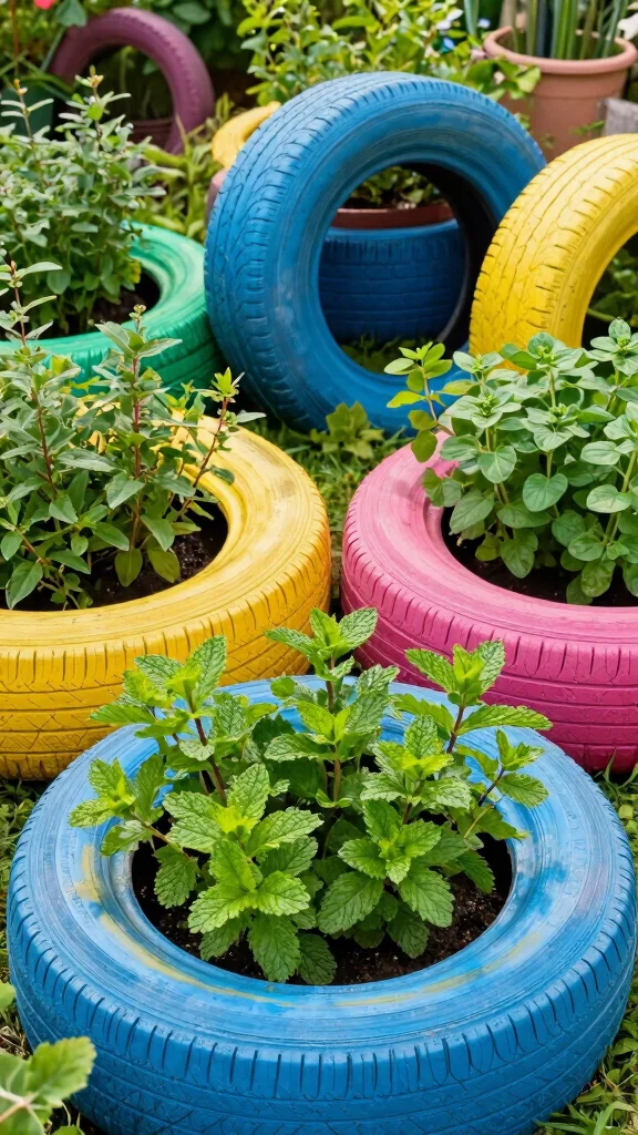 23 Decorative Planters for Bug-Repelling Herbs to Enhance Your Outdoor Space! - 21. Upcycled Tires: A Funky Herb Patch 1