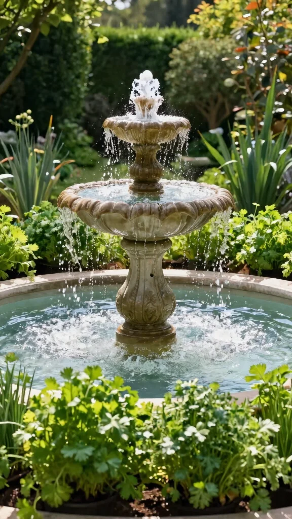 23 Decorative Planters for Bug-Repelling Herbs to Enhance Your Outdoor Space! - 23. Elegant Fountains: Watering Herb Garden 1