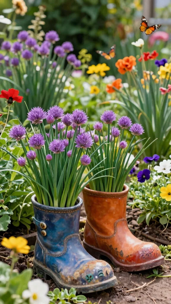 23 Decorative Planters for Bug-Repelling Herbs to Enhance Your Outdoor Space! - 5. Repurposed Charm: Old Boots for Chives 1
