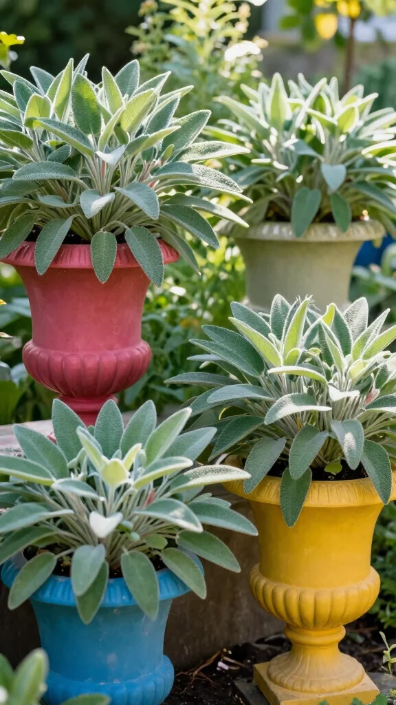 23 Decorative Planters for Bug-Repelling Herbs to Enhance Your Outdoor Space! - 6. Colorful Urns: Sage Serenity 1
