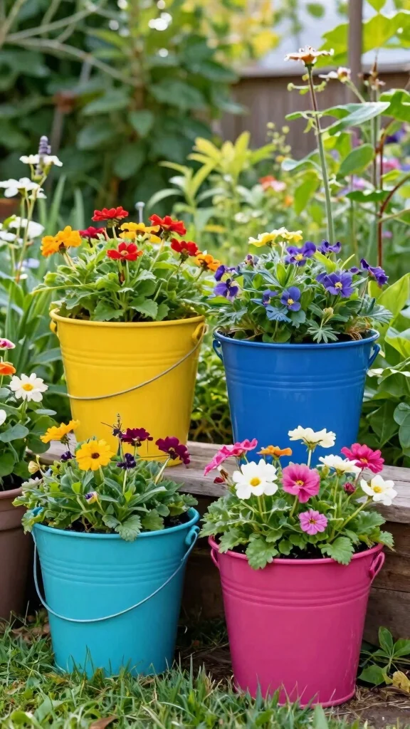 24 Eco-Friendly Decorative Planter Ideas That Are Good for the Earth! - 13. Upcycled Bucket Planters 1