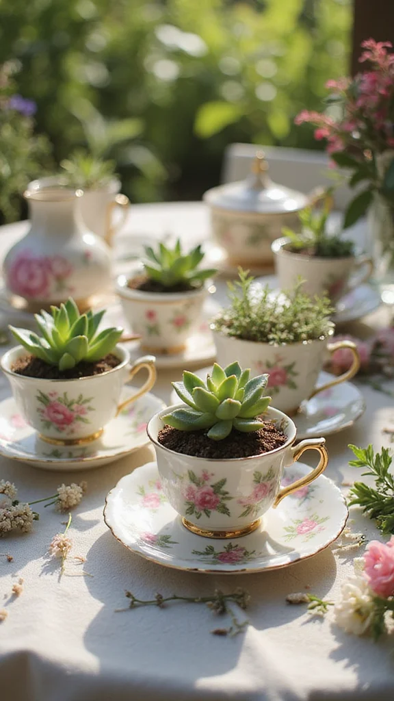 24 Eco-Friendly Decorative Planter Ideas That Are Good for the Earth! - 2. Vintage Teacup Planters 1