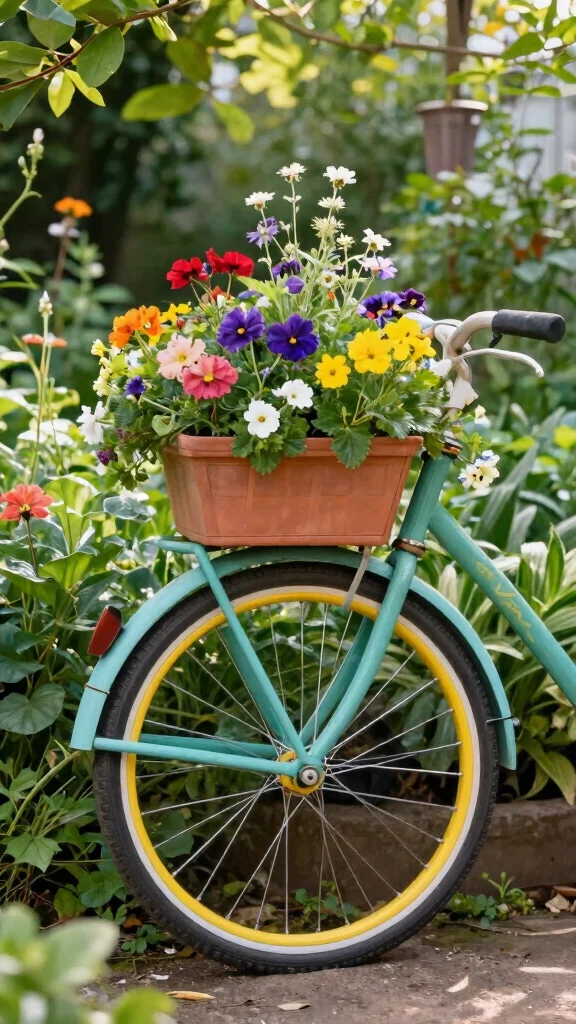 24 Eco-Friendly Decorative Planter Ideas That Are Good for the Earth! - 24. Bicycle Wheel Planters 1
