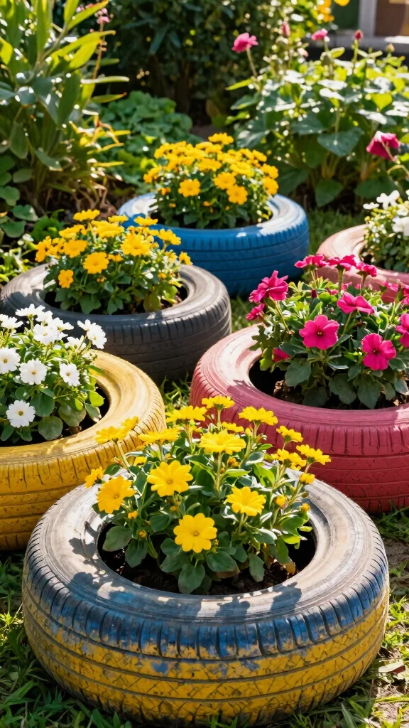 24 Eco-Friendly Decorative Planter Ideas That Are Good for the Earth! - 7. Recycled Tire Planters 1