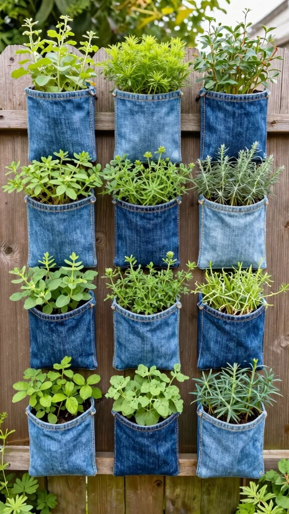 24 Eco-Friendly Decorative Planter Ideas That Are Good for the Earth! - 9. Upcycled Denim Pocket Planters 1