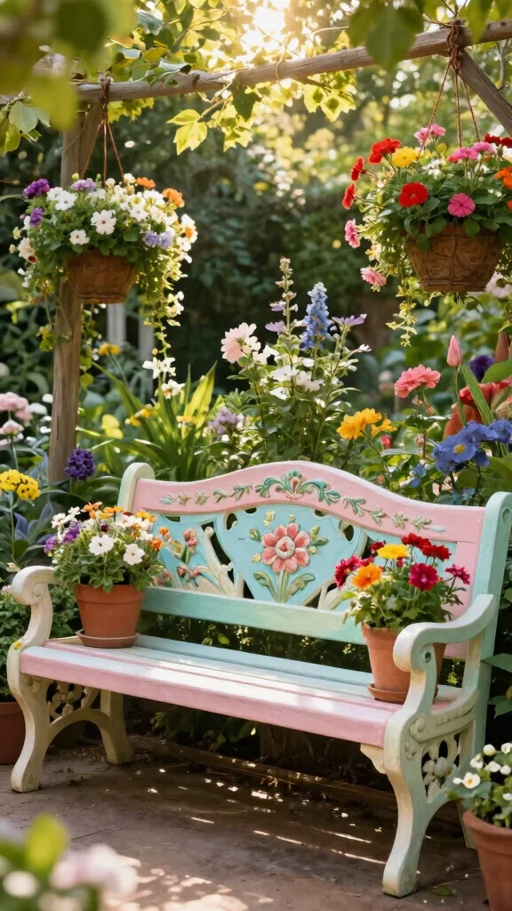25 Cozy Garden Seating Inspirations for the Perfect Summer Retreat (Check Out #5!) - 12. Floral Bench Decor 1