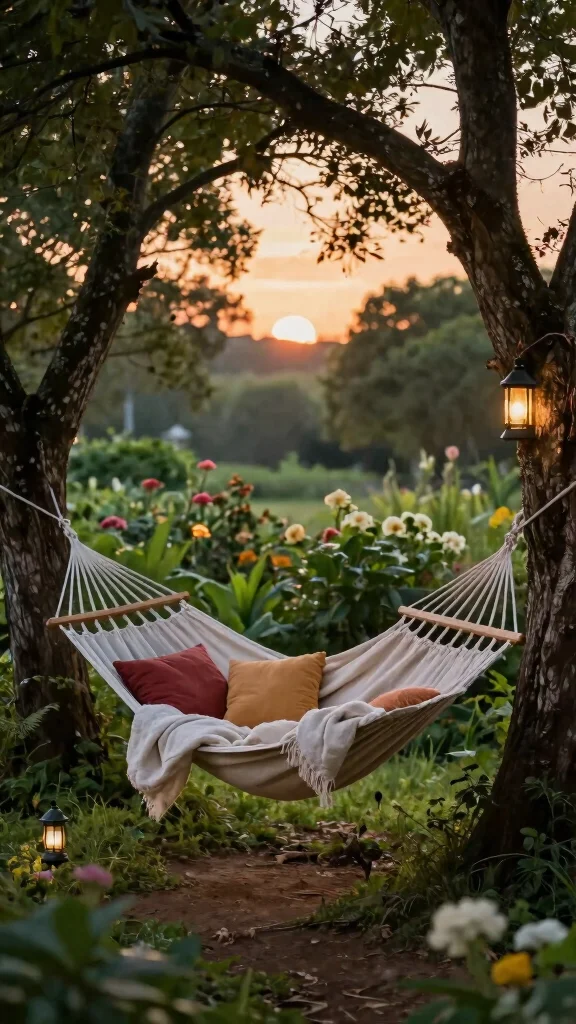 25 Cozy Garden Seating Inspirations for the Perfect Summer Retreat (Check Out #5!) - 15. Cozy Hammock Nook 1