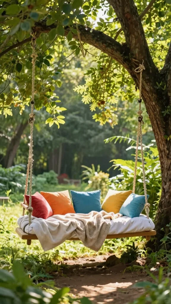 25 Cozy Garden Seating Inspirations for the Perfect Summer Retreat (Check Out #5!) - 17. Playful Swing Bed 1