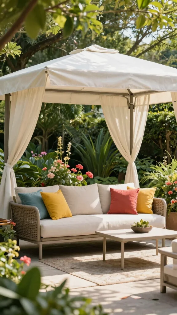 25 Cozy Garden Seating Inspirations for the Perfect Summer Retreat (Check Out #5!) - 21. Outdoor Sofas with Canopies 1