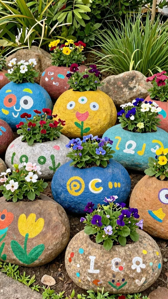 25 Easy DIY Full Sun Planters to Brighten Up Your Backyard Oasis! - 15. Painted Rock Planter 1