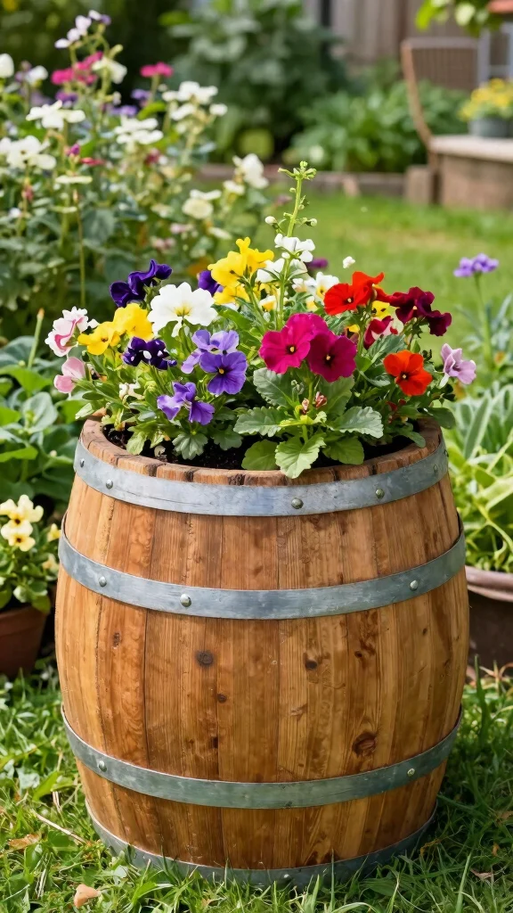 25 Easy DIY Full Sun Planters to Brighten Up Your Backyard Oasis! - 16. Wooden Drum Planter 1