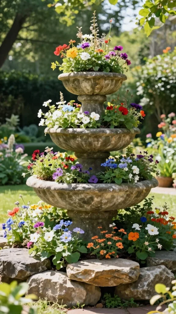 25 Easy DIY Full Sun Planters to Brighten Up Your Backyard Oasis! - 23. Tiered Stone Planter 1
