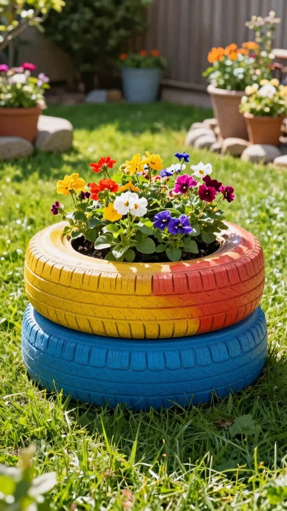 25 Easy DIY Full Sun Planters to Brighten Up Your Backyard Oasis! - 4. Repurposed Tire Planter 1