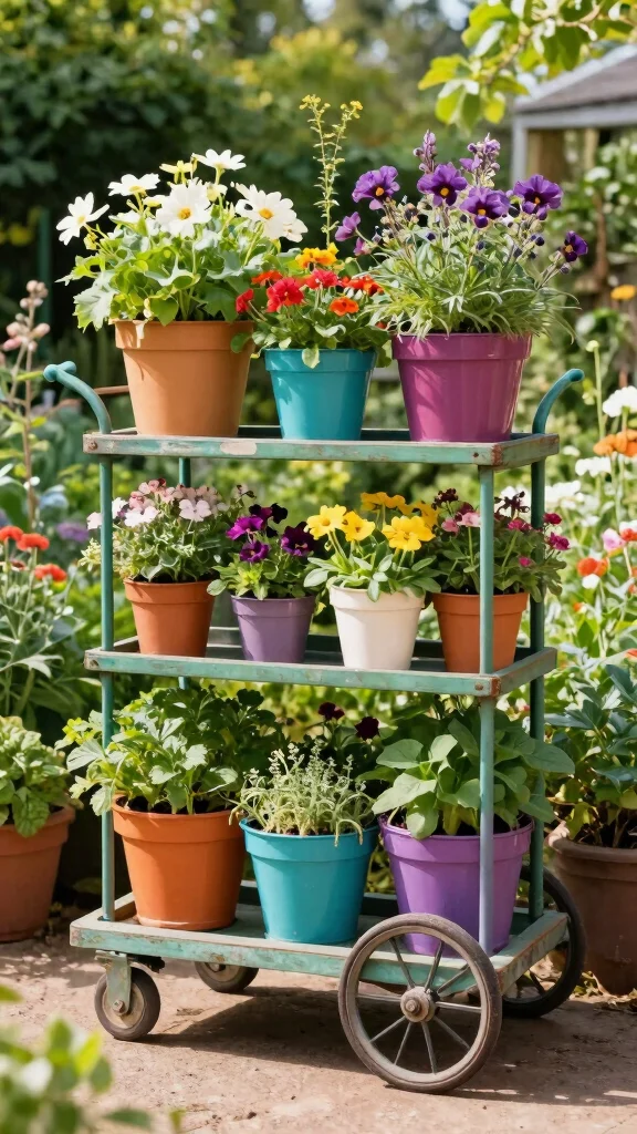 25 Eco-Friendly Vertical Garden Projects Using Recycled Materials (Help the Planet with Style!) - 15. Garden Trolley Planters 1