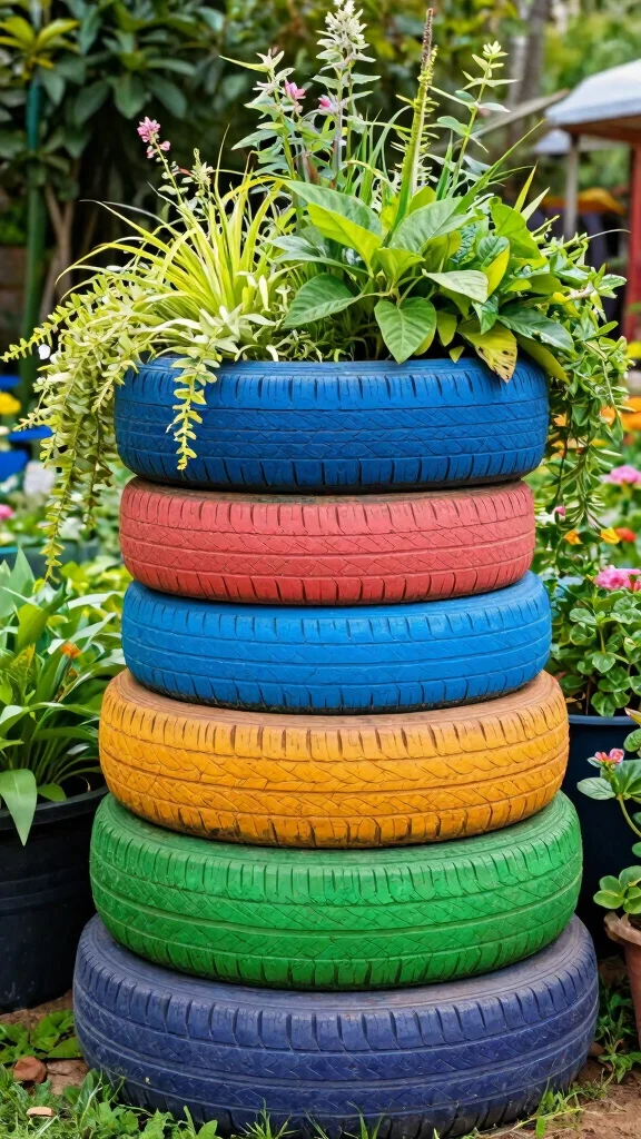 25 Eco-Friendly Vertical Garden Projects Using Recycled Materials (Help the Planet with Style!) - 16. Upcycled Tire Planters 1
