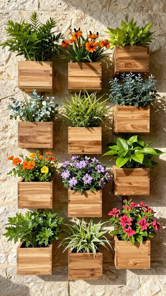 25 Eco-Friendly Vertical Garden Projects Using Recycled Materials (Help the Planet with Style!) - 17. Wall-Mounted Wooden Boxes 1