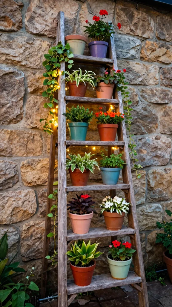 25 Eco-Friendly Vertical Garden Projects Using Recycled Materials (Help the Planet with Style!) - 3. Old Ladder Garden Display 1