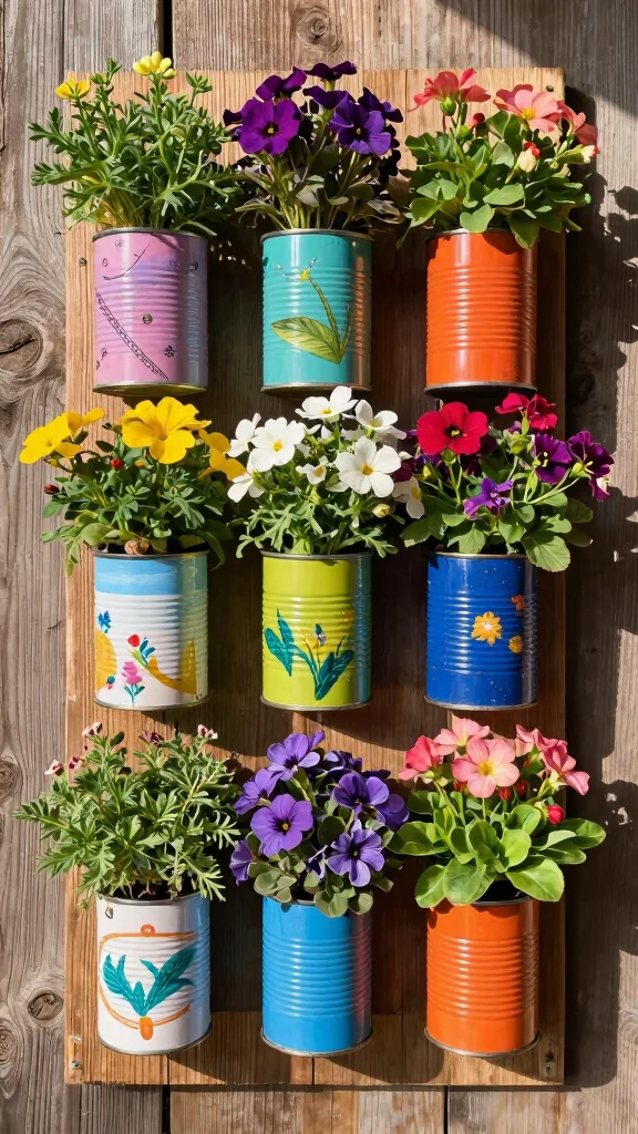 25 Eco-Friendly Vertical Garden Projects Using Recycled Materials (Help the Planet with Style!) - 5. Tin Can Vertical Garden 1
