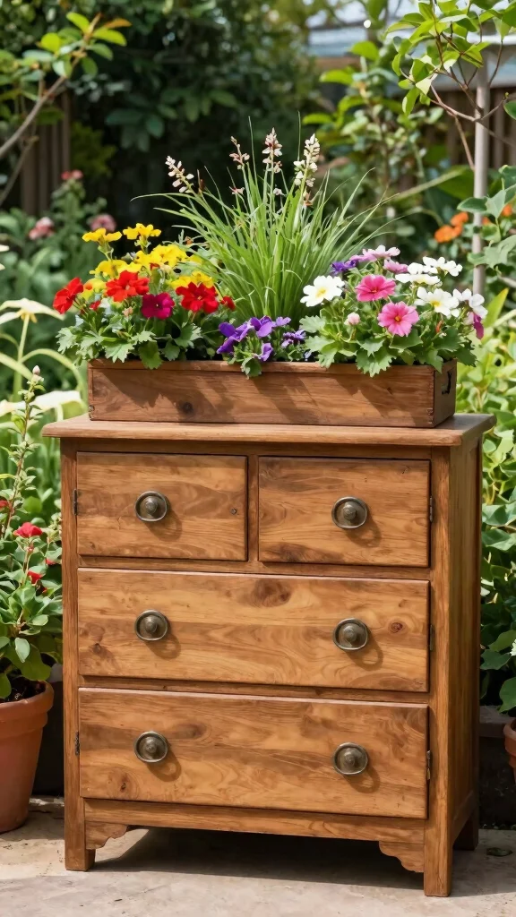 27 DIY Landscape Projects for Small Spaces That Are Super Easy! - 14. Repurposed Furniture Planters 1