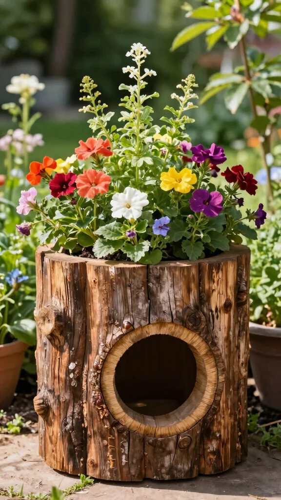 27 DIY Landscape Projects for Small Spaces That Are Super Easy! - 18. Rustic Log Planters 1