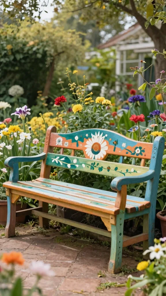 Discover 15 Inspiring DIY Garden Art Projects You Can Start Today! - 8. Painted Wooden Bench 1