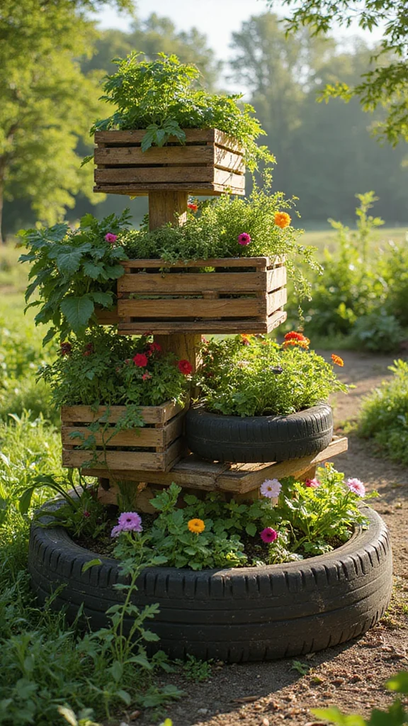 Discover the Magic of Tiered Garden Designs: 21 Ideas You Can't Miss! - 12. Eco-Friendly Tiered Recycling Garden 1