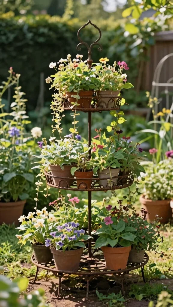 Discover the Magic of Tiered Garden Designs: 21 Ideas You Can't Miss! - 14. Vintage Rustic Iron Tiered Garden 1