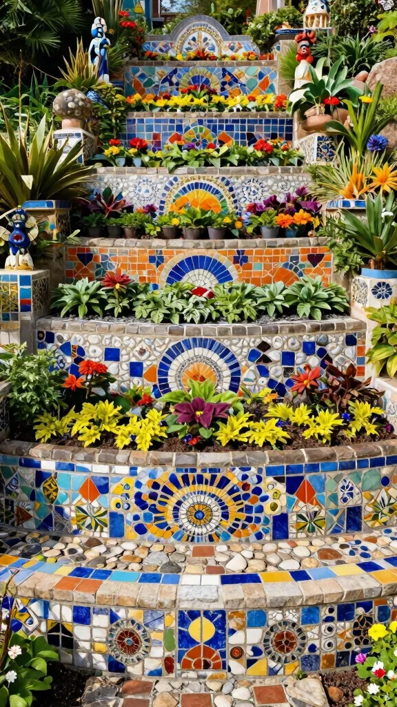 Discover the Magic of Tiered Garden Designs: 21 Ideas You Can't Miss! - 16. Artistic Mosaic Tiered Garden 1