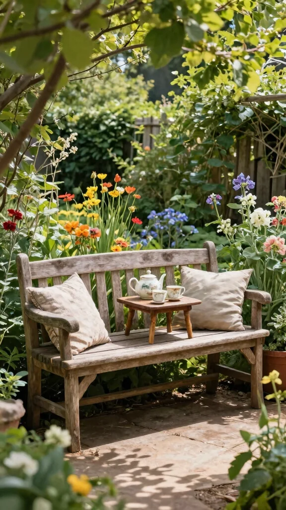 Enchanting Cottage Garden Aesthetics to Transform Your Outdoor Space  - 10. Rustic Garden Furniture 1