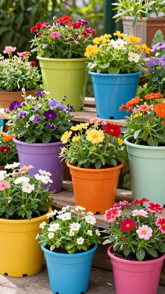 Go Green: 18 Sustainable Container Gardening Ideas for Beginners! - 11. Colorful Plastic Containers 1