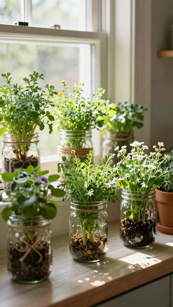 Go Green: 18 Sustainable Container Gardening Ideas for Beginners! - 12. Mason Jar Garden 1